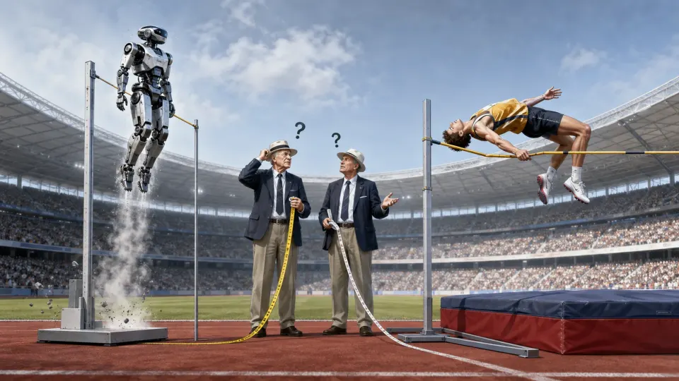 Robot performs a standing vertical jump beside a human high jumper while officials struggle to compare the different events.