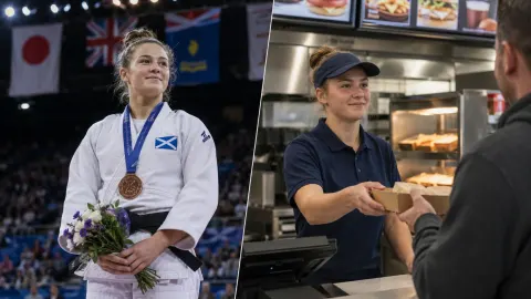 Editorial illustration of a Scottish judoka winning a bronze medal before returning to work in a fast-food restaurant days later.