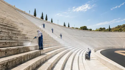 Editorial illustration of conservation workers cleaning the marble seating inside Athens’ Panathenaic Stadium.