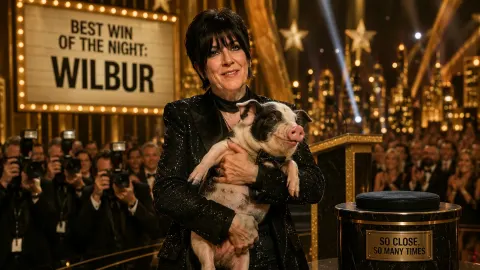 Satirical illustration of songwriter Diane Warren celebrating on a Hollywood awards stage while holding a small pig instead of an awards trophy.