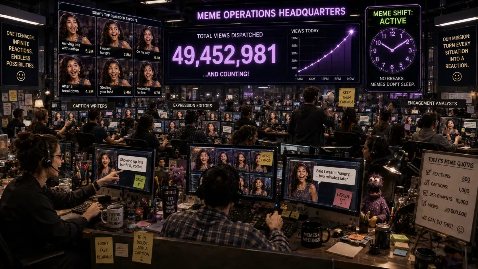Humorous editorial illustration of a fictional social-media office where multiple screens display different generic reaction expressions while an enormous counter records millions of views.