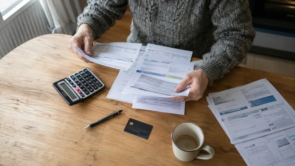 A household sorting energy bills beside a calculator and bank card on a kitchen table.