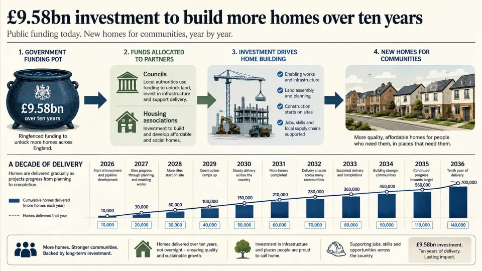 Illustration showing £9.58bn of housing funding flowing to councils and housing associations to support homebuilding over a ten-year period.