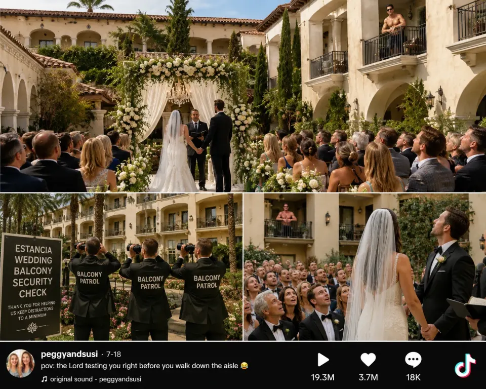 Satirical illustration of wedding security checking hotel balconies for shirtless spectators before an outdoor ceremony.