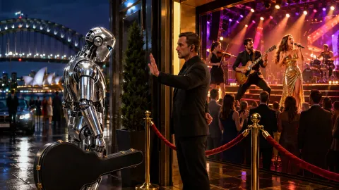 Satirical illustration of a robot musician being refused entry to an Australian music chart while human artists perform nearby