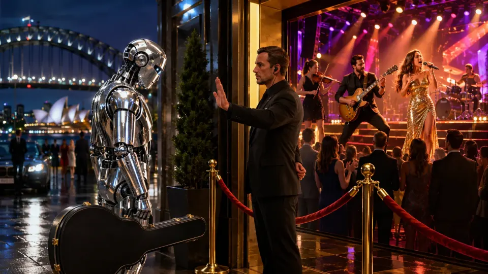 Satirical illustration of a robot musician being refused entry to an Australian music chart while human artists perform nearby