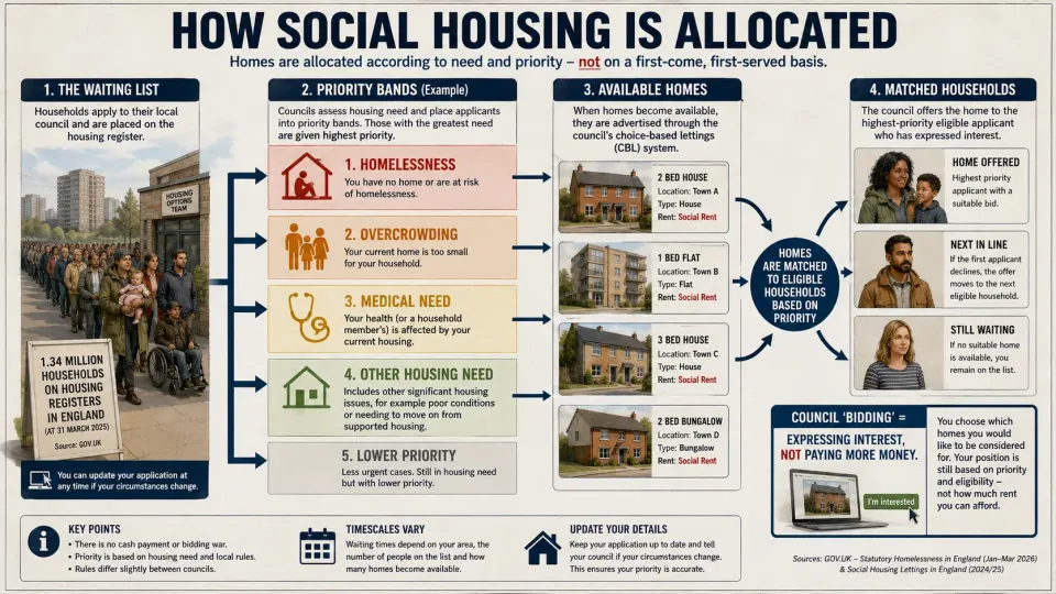 Diagram explaining how council housing applicants are prioritised by housing need and matched with available social homes.
