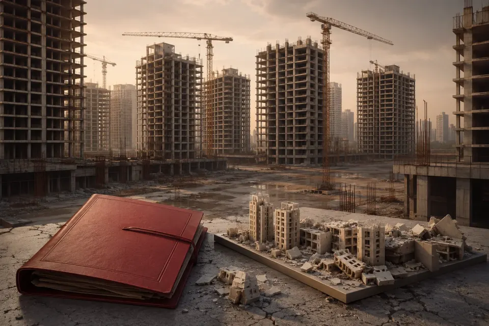 Chinese homebuyers stand outside unfinished apartment towers affected by the Evergrande property crisis