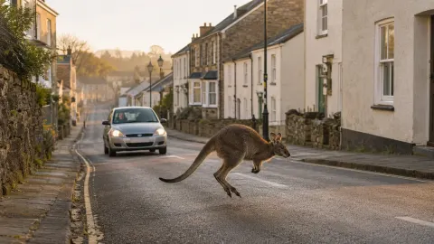 Wallaby hopping along a quiet street in Liskeard, Cornwall, at dawn.
