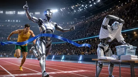 Humanoid robot beats a human sprinter to the finish line while another robot struggles with a white shirt beside the track.
