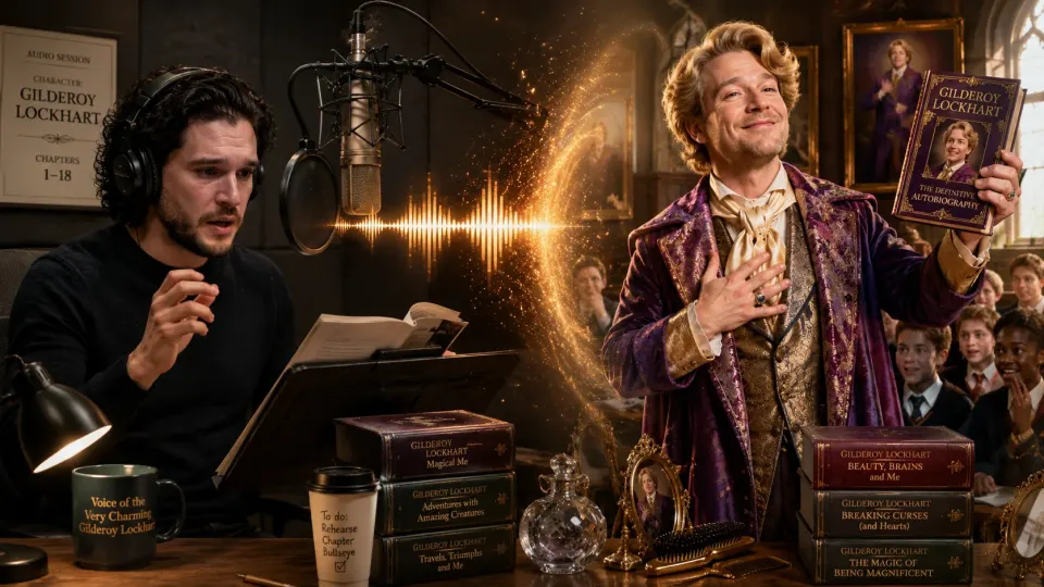 Editorial illustration showing an actor recording the voice of a flamboyant fictional wizard in an audio studio before stepping through a glowing screen into a live-action magical classroom.