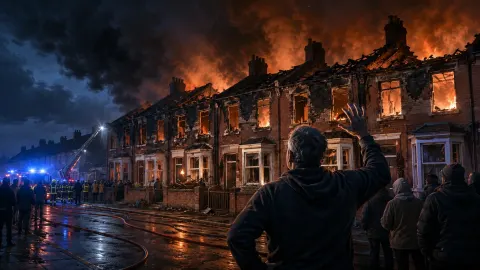 A row of homes engulfed in flames as emergency crews respond and a resident watches from the street