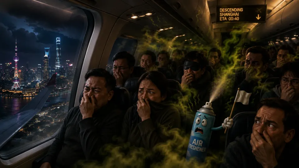 Satirical illustration of an aircraft descending towards Shanghai while miserable passengers inside cover their noses and an air freshener spray can is humorously shown losing the battle.