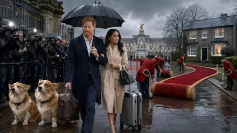 Satirical illustration of Prince Harry and Meghan arriving in rainy Britain as a palace red carpet is redirected towards a private house