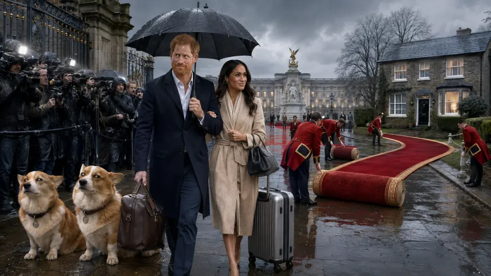 Satirical illustration of Prince Harry and Meghan arriving in rainy Britain as a palace red carpet is redirected towards a private house