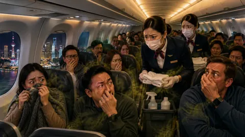 Satirical illustration of horrified passengers covering their noses during an unusual hygiene incident aboard an overnight flight to Shanghai.