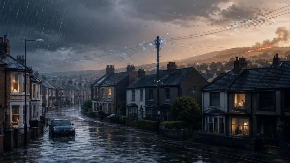 British neighbourhood conceptually facing flooding, extreme heat, power loss and cyber disruption.