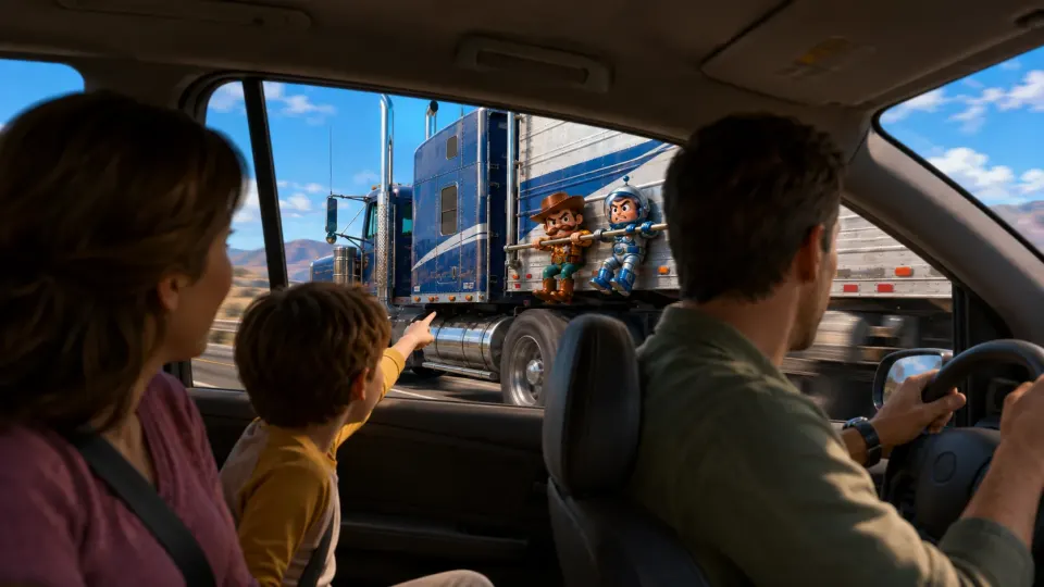 Passengers in a car noticing toy characters hanging from a truck on the motorway.