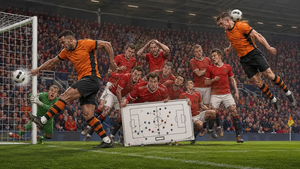 Two orange-and-black defenders score at set pieces while a confused red-shirted defence clutches a tactics board.