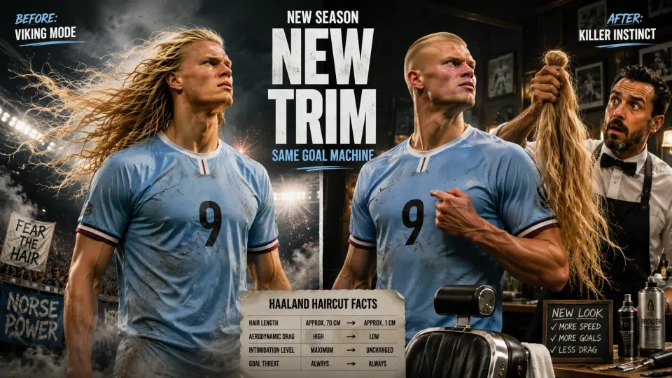 Satirical illustration contrasting a long-haired blond football striker with the same imposing player sporting a dramatically short military-style buzz cut.