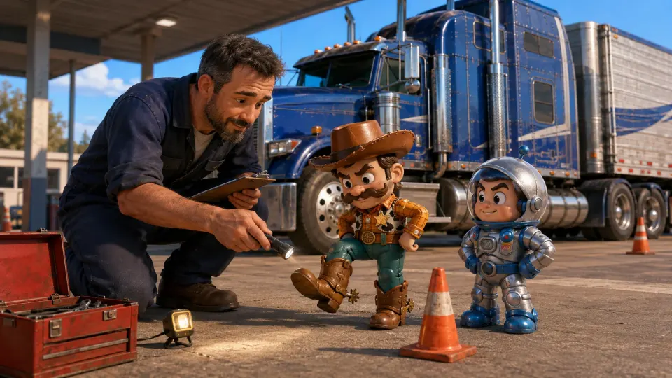 Mechanic giving two adventure toys a humorous safety inspection beside a parked truck.