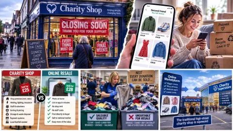 Editorial illustration contrasting a closing British charity shop with booming second-hand shopping through online resale apps.