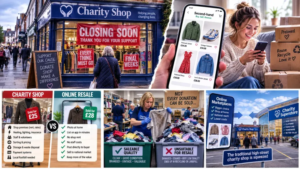 Editorial illustration contrasting a closing British charity shop with booming second-hand shopping through online resale apps.