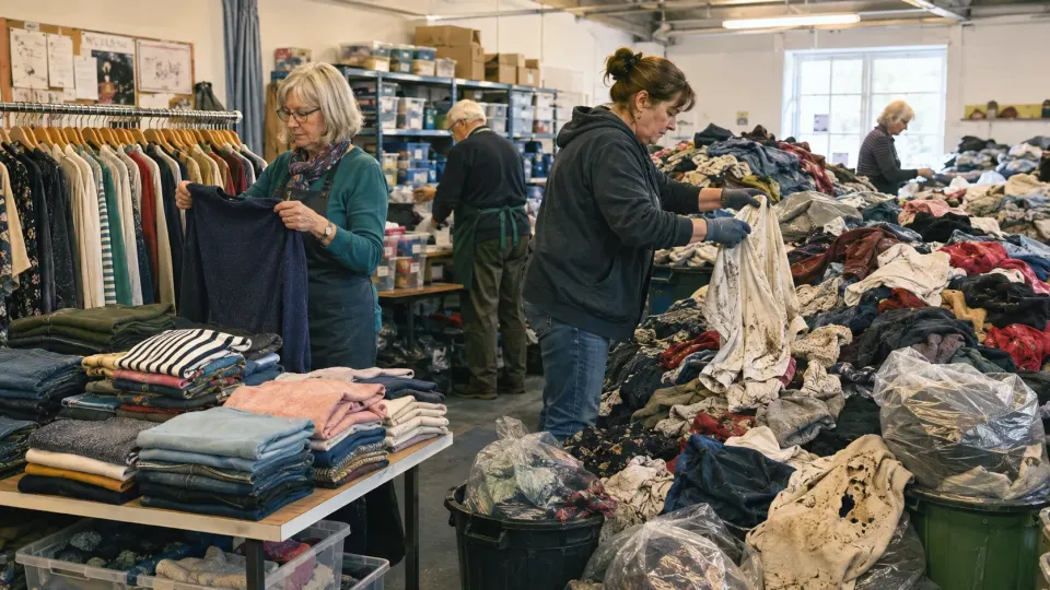 Charity shop volunteers sorting donated clothing into saleable garments and a larger pile of items unsuitable for resale.