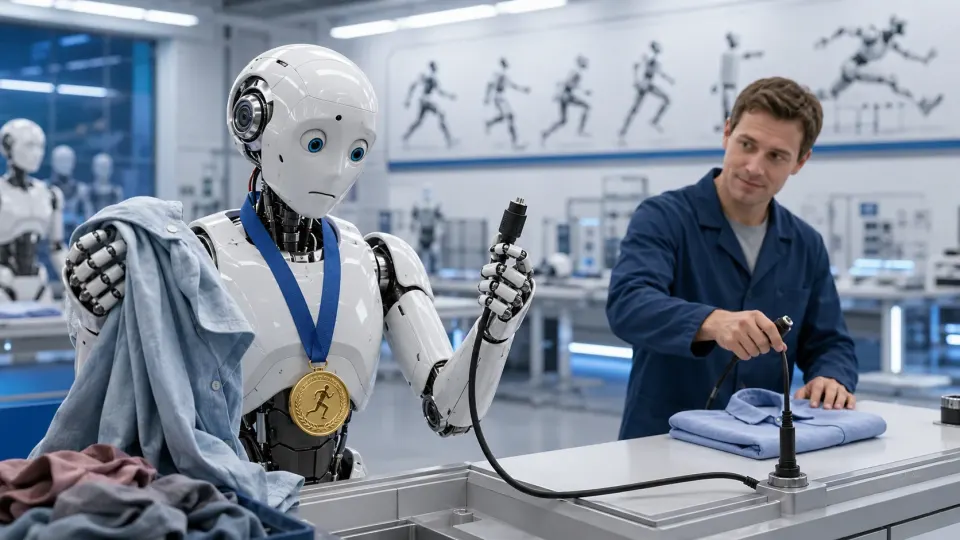 Medal-wearing humanoid robot struggles with a shirt and loose cable while a technician completes both tasks.