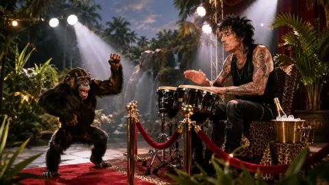 Satirical illustration of a rock drummer performing a private bongo concert for a dancing chimpanzee at a Florida sanctuary