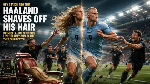 Satirical illustration of a towering blond football striker transforming from his famous long Viking-style hair to a military-style buzz cut while defenders chase him.