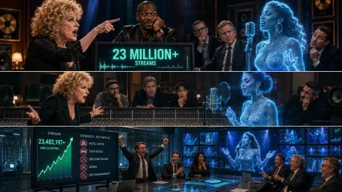 Satirical illustration of Bette Midler confronting a holographic AI soul singer while Tyrese Gibson and music executives watch the argument.