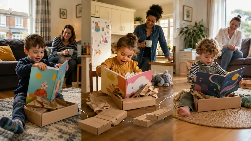Children in different countries opening books delivered through Dolly Parton’s Imagination Library.