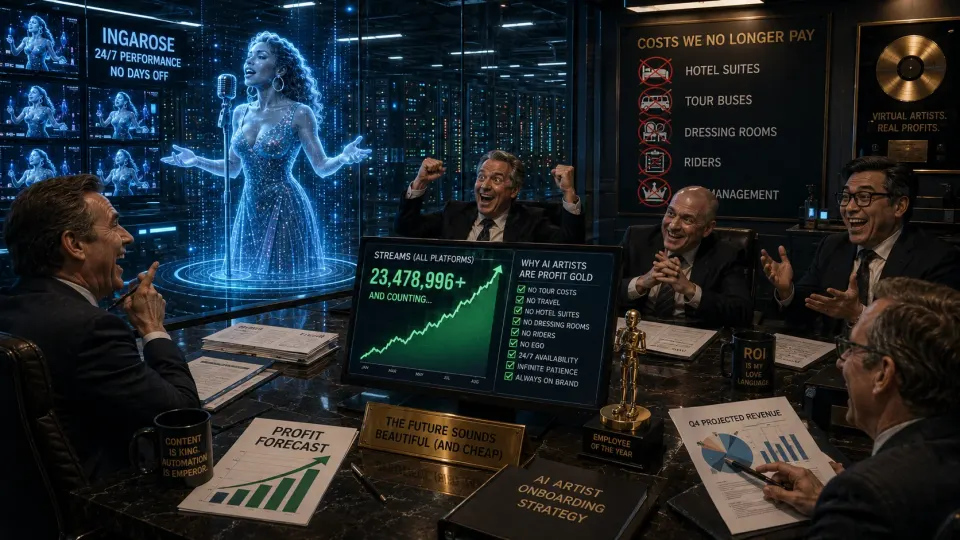 Satirical illustration of delighted record executives calculating profits while a virtual singer performs endlessly inside a computer server room.