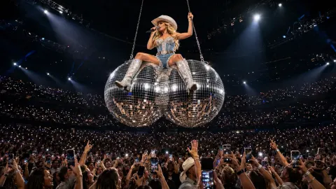 Satirical illustration of a country singer flying above an arena crowd on an enormous pair of glittering disco balls shaped like testicles.