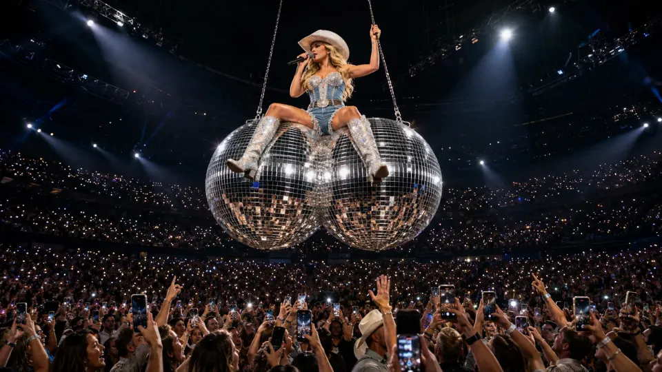 Satirical illustration of a country singer flying above an arena crowd on an enormous pair of glittering disco balls shaped like testicles.