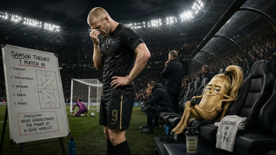 Satirical football illustration of a newly buzz-cut blond striker staring suspiciously at his discarded ponytail after missing a scoring chance.