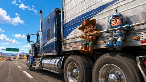 Cowboy and space-ranger toys clinging dramatically to the side of a moving truck