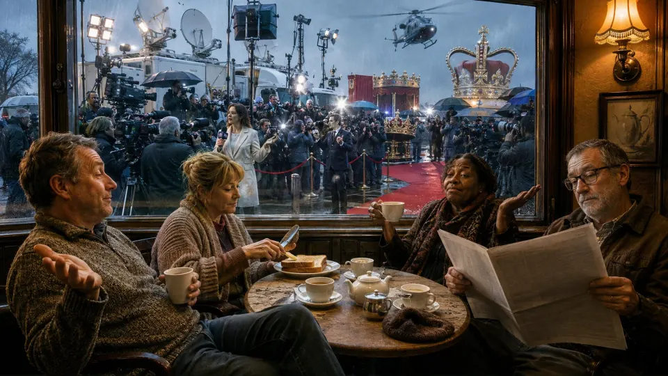 Satirical illustration of Britons calmly drinking tea while a royal media circus erupts around them
