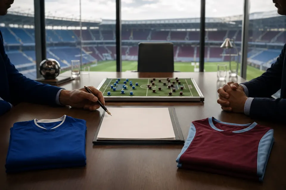 Chelsea blue and Aston Villa claret shirts arranged around a table during Morgan Rogers transfer negotiations