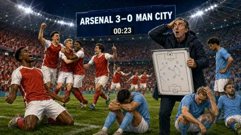 Satirical editorial illustration of Arsenal players celebrating a 3–0 Community Shield win as dejected Manchester City players and their new manager stand beneath a scoreboard showing 00:23.