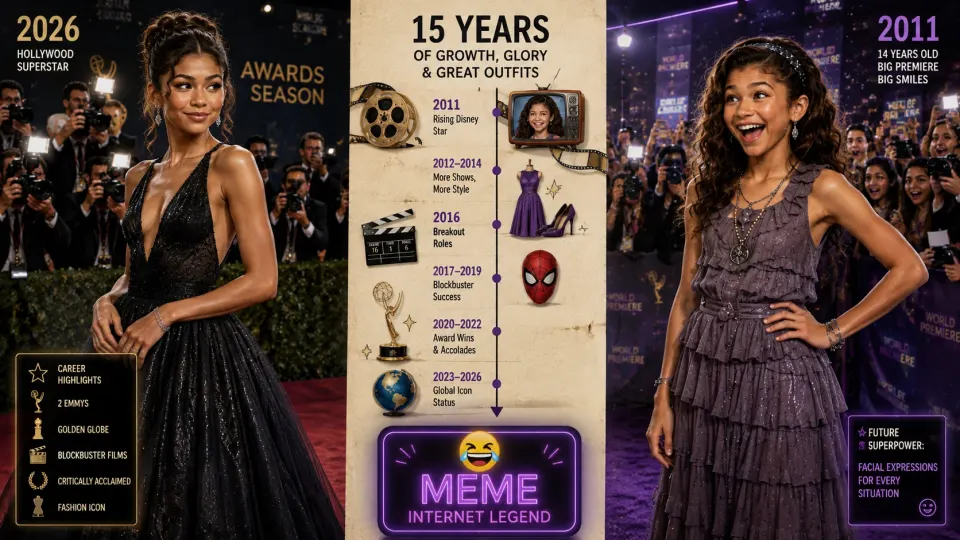 Satirical split-screen illustration contrasting a sophisticated modern Hollywood red-carpet star with her enthusiastic teenage self posing on a purple premiere carpet.