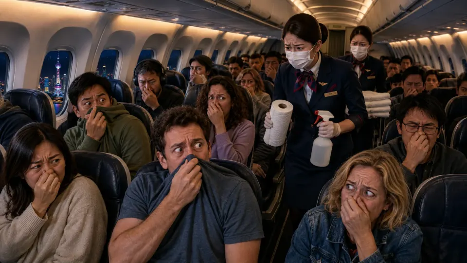 Satirical newspaper-style illustration of horrified airline passengers reacting to a terrible smell inside an economy aircraft cabin while cabin crew respond to a hygiene incident.
