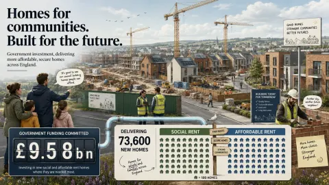 Illustration explaining the £9.58bn programme supporting 73,600 new social and affordable homes across England.