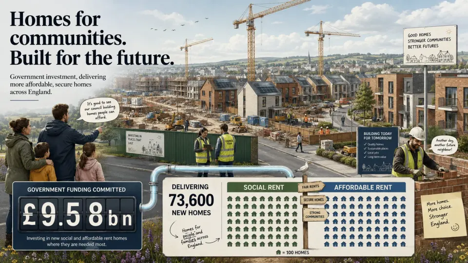 Illustration explaining the £9.58bn programme supporting 73,600 new social and affordable homes across England.