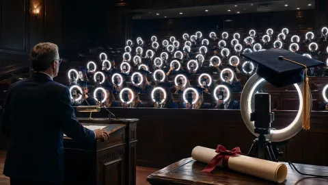 Editorial illustration of university students filming themselves through ring lights during a lecture.