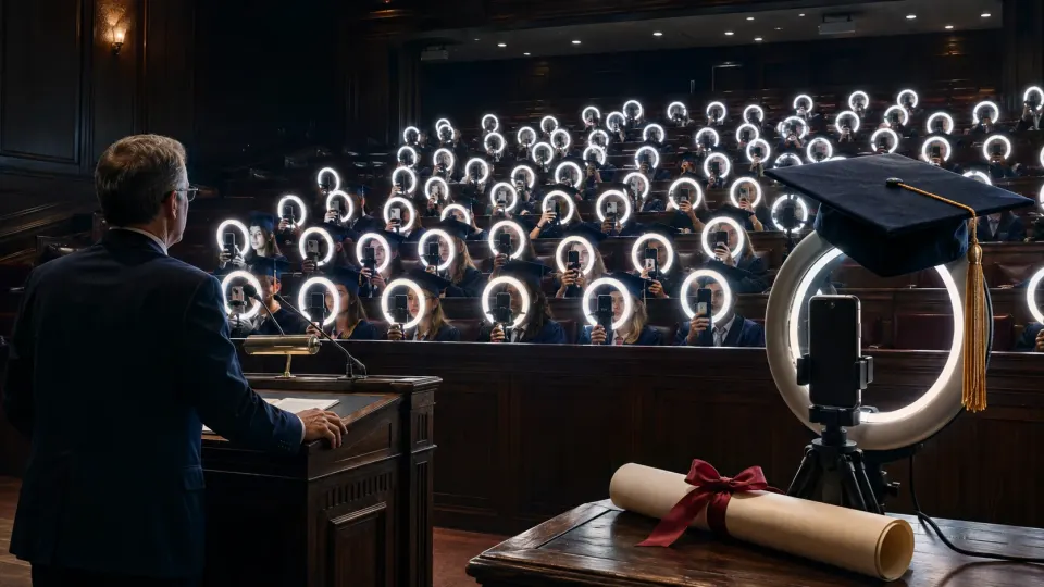 Editorial illustration of university students filming themselves through ring lights during a lecture.
