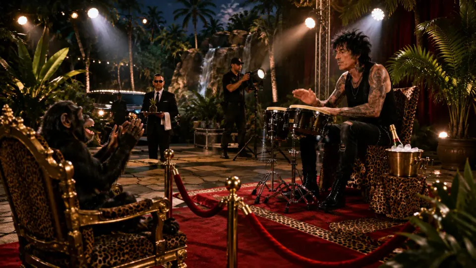 Satirical illustration of a chimpanzee enjoying a ridiculously elaborate VIP private concert while Tommy Lee performs on drums.