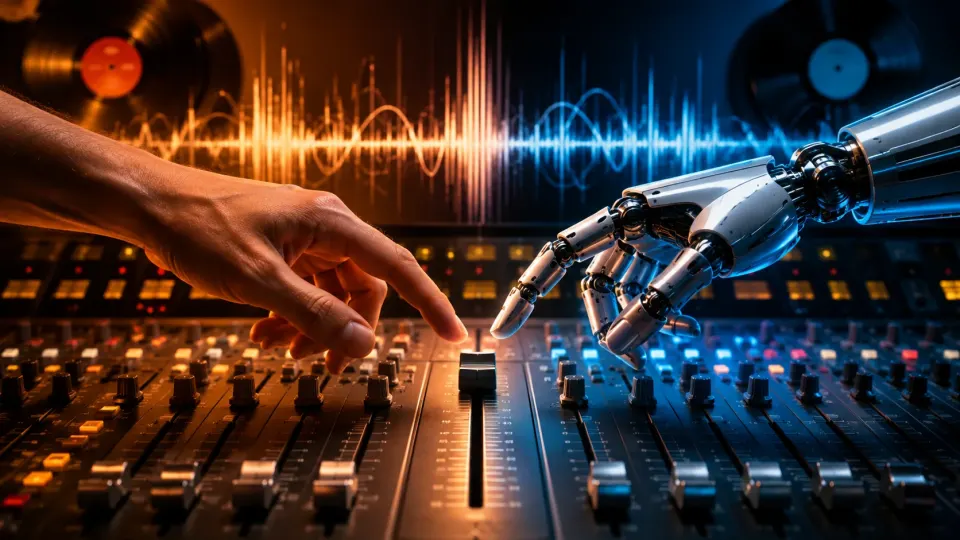 Human and robot hands competing over the controls of a music recording studio.