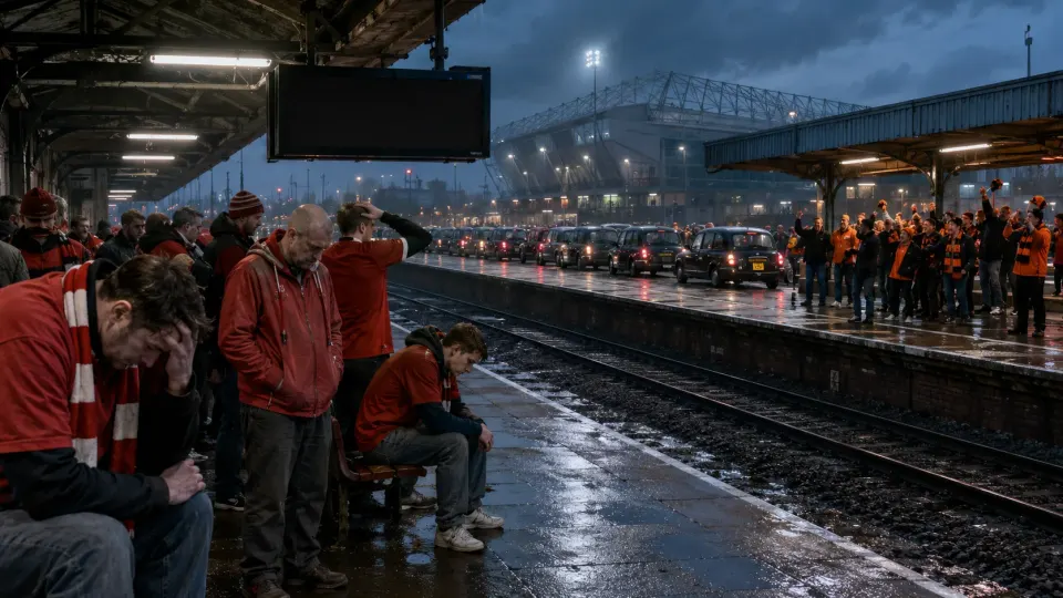 Dejected red-shirted football supporters wait beside empty railway tracks as orange-and-black fans celebrate opposite a line of taxis.
